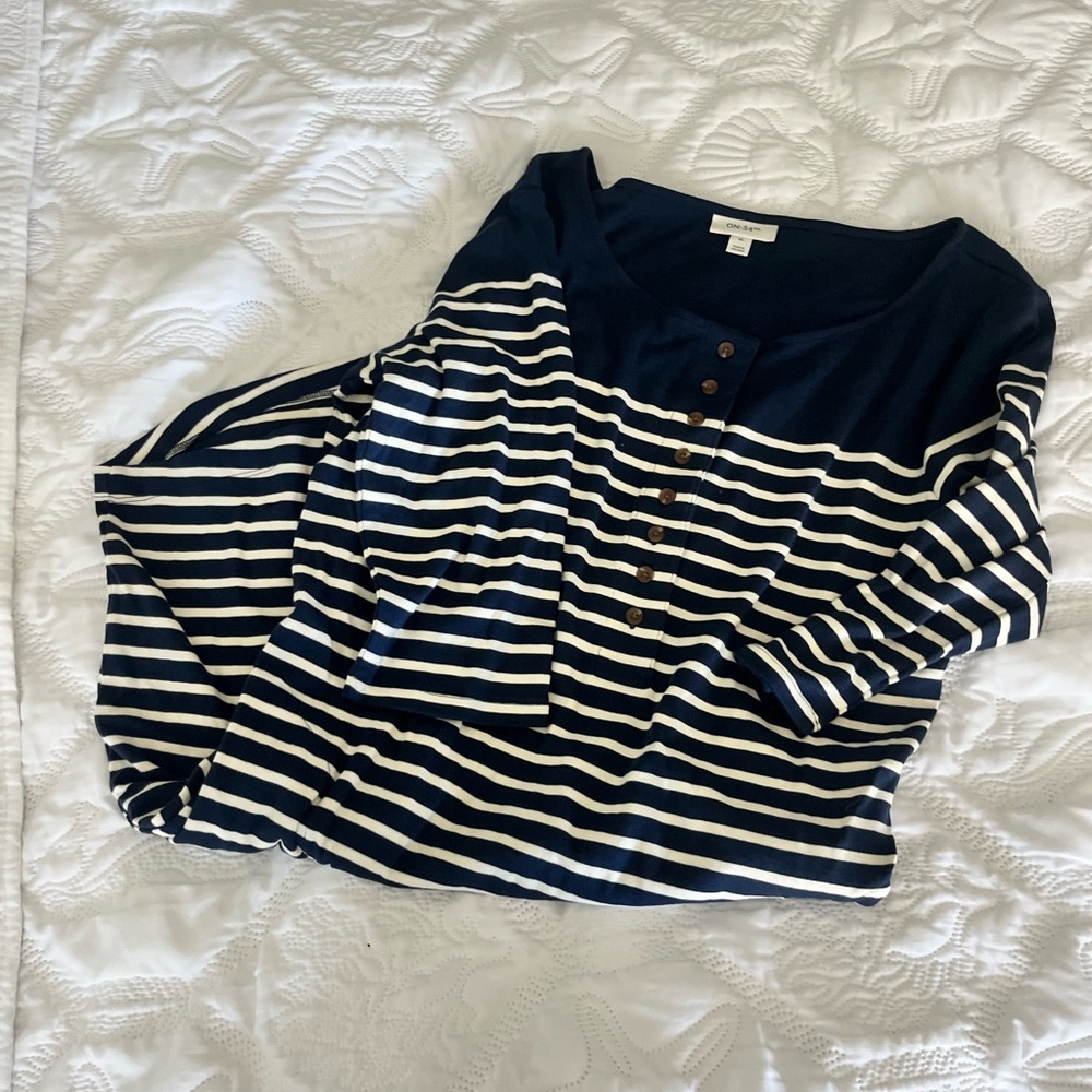 ON-34th Woman’s Navy and White Striped Long Sleeve Midi Dress